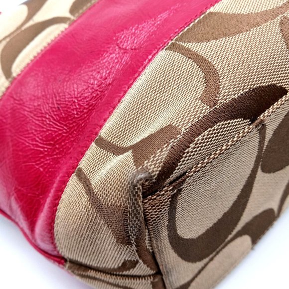 EUC Coach Signature Stripe Patent Leather Tote Shoulder Bag Khaki Pink 12429. - Picture 12 of 15